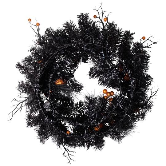 24'' Unlit Orange Ornaments and Ghost Halloween Pine Wreath